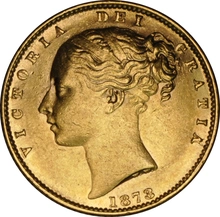 Moneda Soberano de Oro 1873 Victoria Joven con Reverso Escudado (L)
