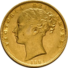 Moneda Soberano de Oro 1881 Victoria Joven con Reverso Escudado (S)