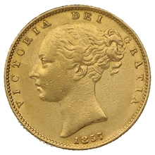 Moneda Soberano de Oro 1857 Victoria Joven con Reverso Escudado (L)