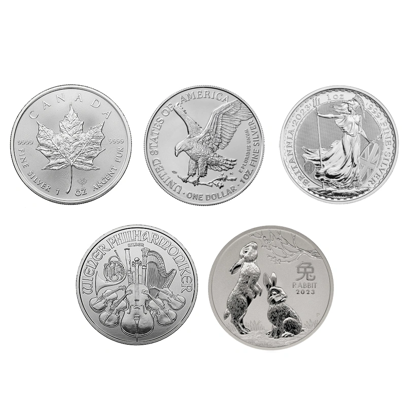 Set de 5 Monedas de Plata de 1 oz: Britannia, Arce, Filarmónica, Águila y Conejo