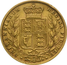 Moneda Soberano de Oro 1872 Victoria Joven con Reverso Escudado (M)