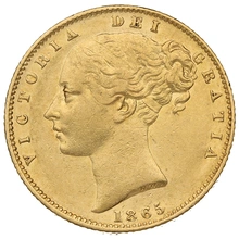 Moneda Soberano de Oro 1865 Victoria Joven con Reverso Escudado (L)