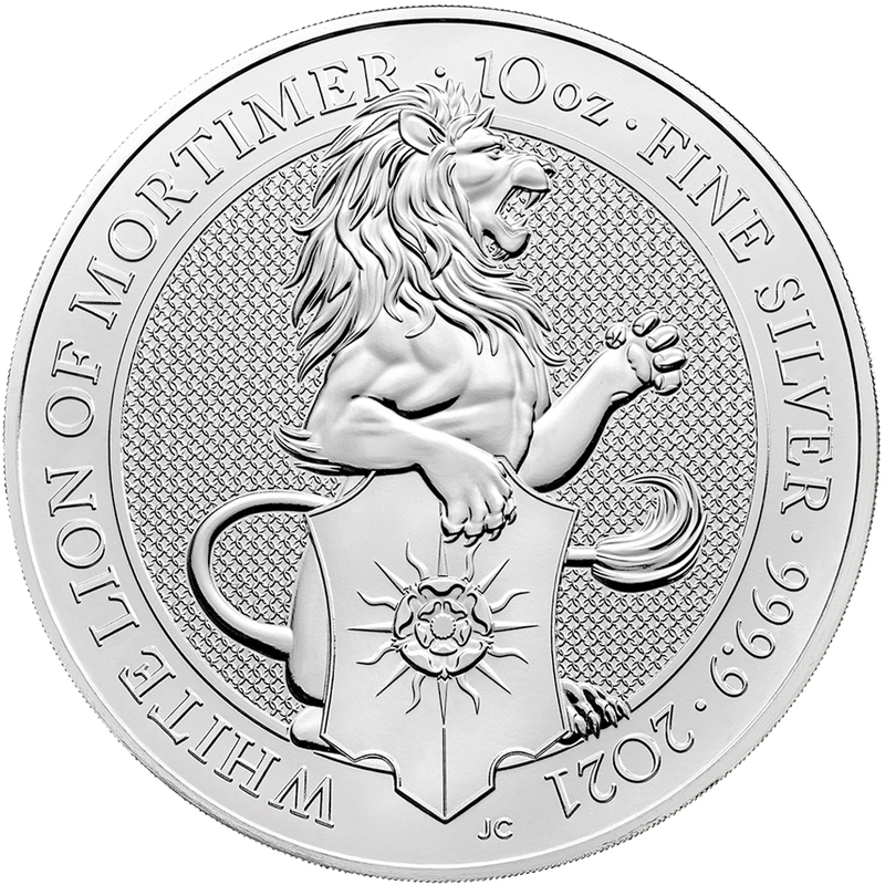 Moneda Bestias de la Reina El León Blanco de Mortimer de Plata de 10 oz