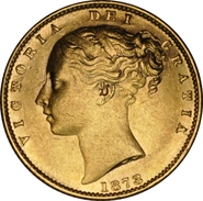 Moneda Soberano de Oro 1873 Victoria Joven con Reverso Escudado (L)