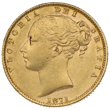 Moneda Soberano de Oro 1871 Victoria Joven con Reverso Escudado (L)