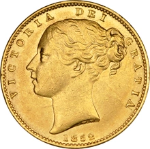 Moneda Soberano de Oro 1852 Victoria Joven con Reverso Escudado (L)