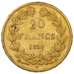 Moneda de 20 Francos Franceses 1839 - Luis Felipe I cabeza laureada