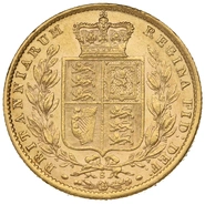 Moneda Soberano de Oro 1873 Victoria Joven con Reverso Escudado (S)