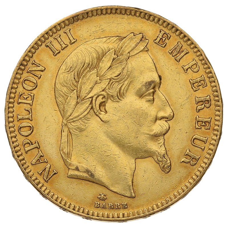 Moneda 100 Francos Franceses de Oro Napoleón III Cabeza Laureada