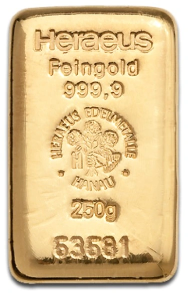 Lingote de Oro de 250 g Heraeus Fundido