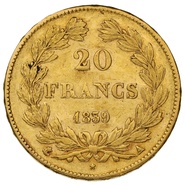 Moneda de 20 Francos Franceses1839- Luis Felipe I cabeza laureada