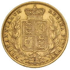 Moneda Soberano de Oro 1877 Victoria Joven con Reverso Escudado (S)