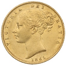 Soberano de Oro 1865 - Victoria Joven con Reverso Escudado (L)