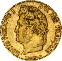 Moneda Oro 20 Francos Franceses - Louis-Philippe (Cabeza Laureada)