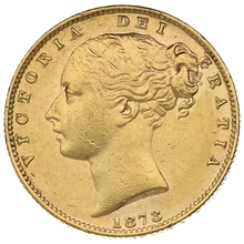 Moneda Soberano de Oro 1873 Victoria Joven con Reverso Escudado (S)