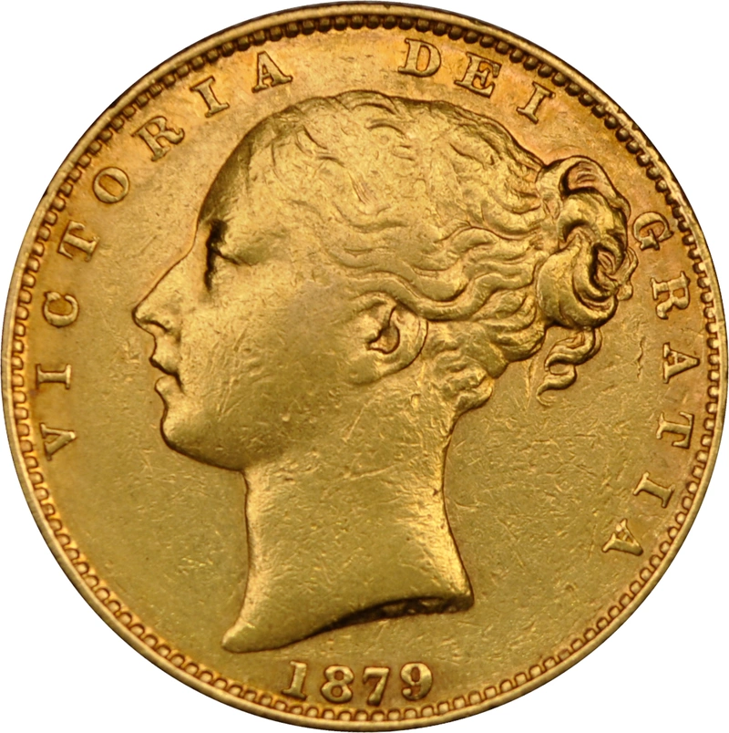 Moneda Soberano de Oro 1879 Victoria Joven con Reverso Escudado (S)