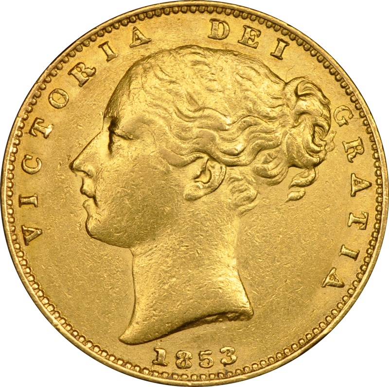 Soberano de Oro 1853 - Victoria Joven con Reverso Escudado (L)