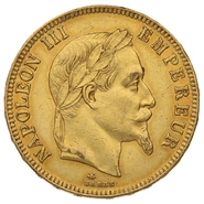 Moneda 100 Francos Franceses de Oro Napoleón III Cabeza Laureada