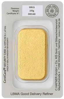 Lingote de Oro de 100 g C. Hafner Fundido