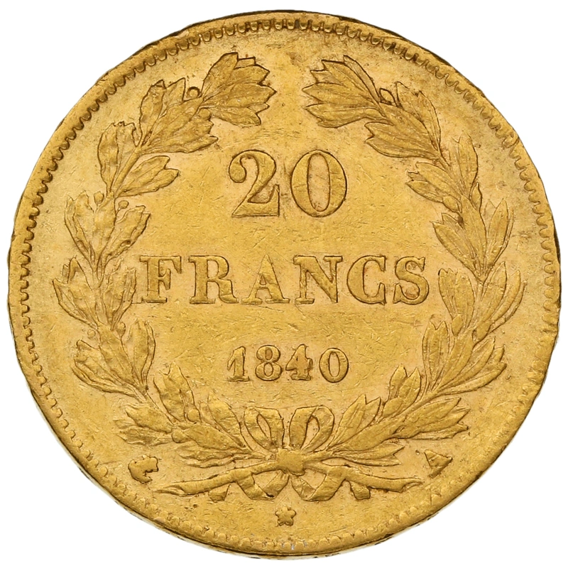Moneda de 20 Francos Franceses 1840 - Luis Felipe I cabeza laureada