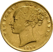 Moneda Soberano de Oro 1859 Victoria Joven con Reverso Escudado (L)