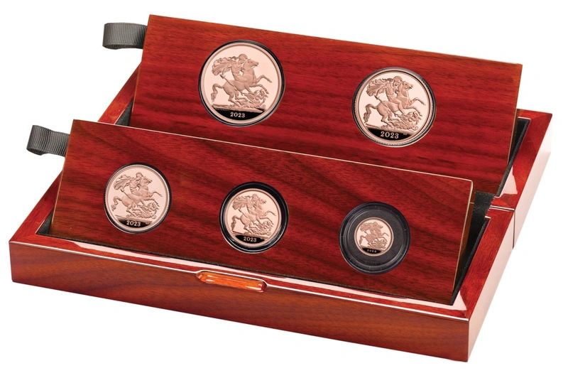 Juego de 5 Soberanos Proof Coronación Carlos III 2023 en Caja Original