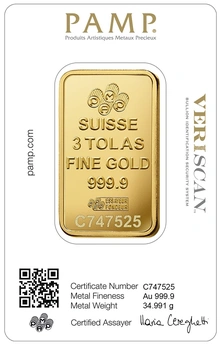 Lingote de Oro de 3 Tola PAMP