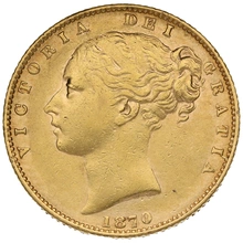 Moneda Soberano de Oro 1870 Victoria Joven con Reverso Escudado (L)