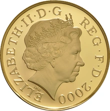 Moneda Soberano Quíntuplo de Oro Proof 2000 Reina Madre en Caja Original