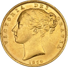 Soberano de Oro 1852 - Victoria Joven con Reverso Escudado (L)