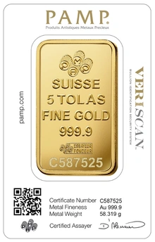 Lingote de Oro de 5 Tolas PAMP