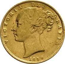 Soberano de Oro 1859 - Victoria Joven con Reverso Escudado (L)