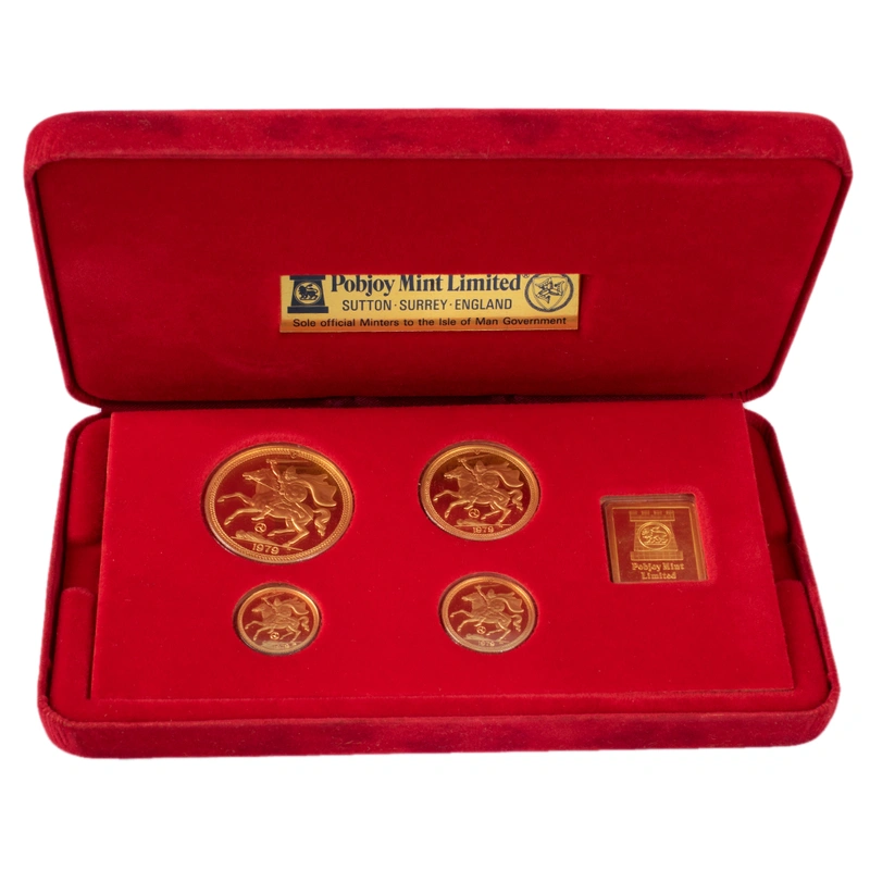Set de 4 Monedas de Oro Soberano Proof de la Isla de Man de 1979 en Caja Original