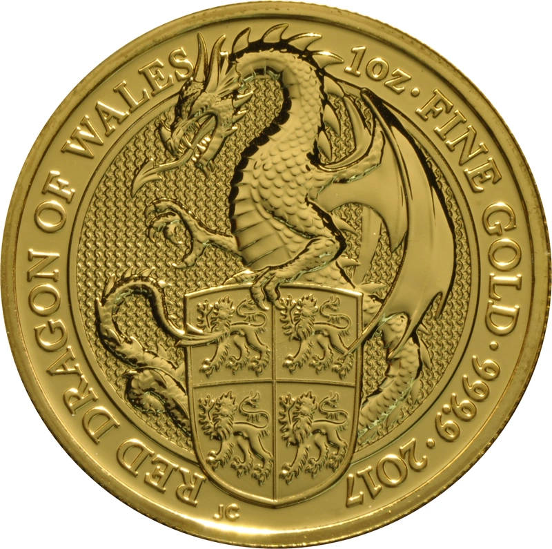 Moneda Bestias de la Reina El Dragón Rojo de Gales de Oro de 1 oz