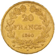 Moneda de 20 Francos Franceses1840- Luis Felipe I cabeza laureada
