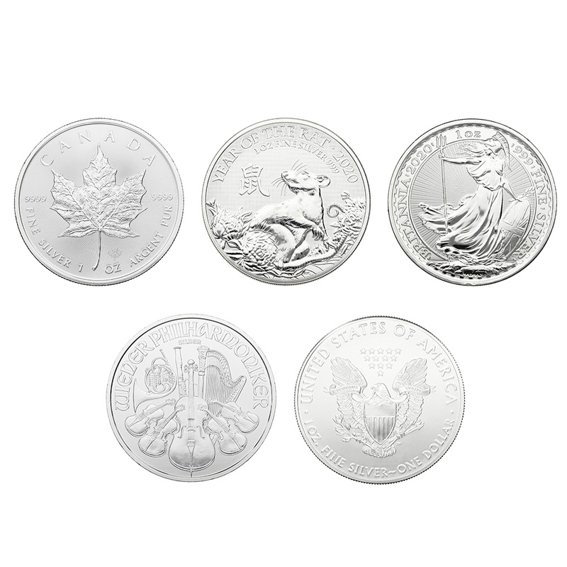 Juego de Monedas de 1oz de Plata 2020: Águila, Hoja de Arce, Britannia, Filarmónica y Año de la Rata