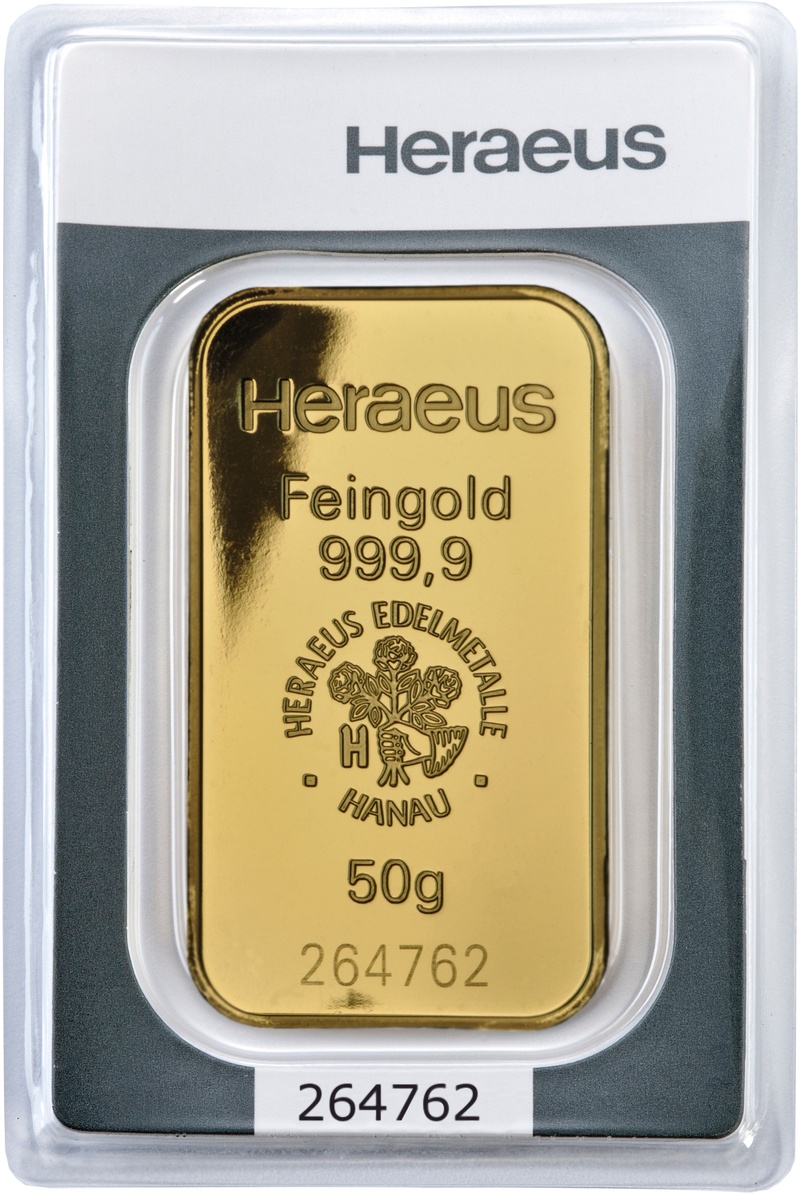 Lingote Heraeus de 50g de Oro