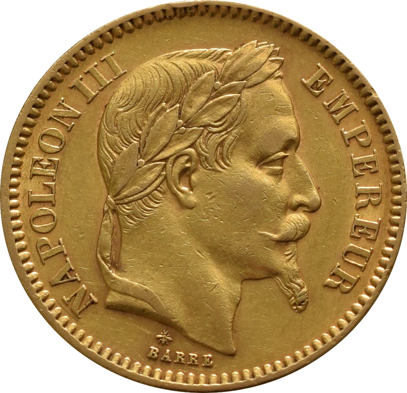 Moneda 20 Francos Franceses Napoleón III Cabeza Laureada