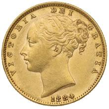 Moneda Soberano de Oro 1884 Victoria Joven con Reverso Escudado (S)
