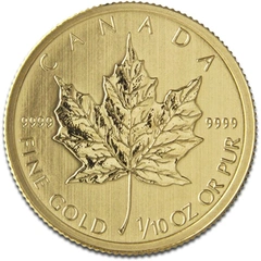 Maple Leaf Canadiense de 1/10 oz de Oro (de Nuestra Elección)