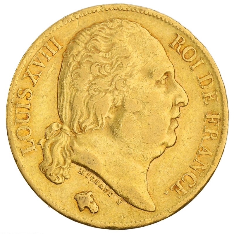 Moneda Oro 20 Francos Franceses - Luis XVIII Sin Corona