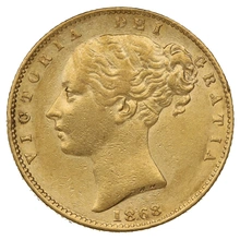 Moneda Soberano de Oro 1868 Victoria Joven con Reverso Escudado (L)