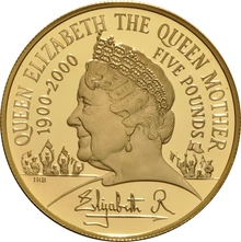 Moneda Soberano Quíntuplo de Oro Proof 2000 Reina Madre en Caja Original