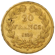 Moneda de 20 Francos Franceses 1839 - Luis Felipe I cabeza laureada