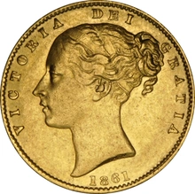 Moneda Soberano de Oro 1861 Victoria Joven con Reverso Escudado (L)