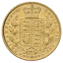 Moneda Soberano de Oro 1864 Victoria Joven con Reverso Escudado (L)