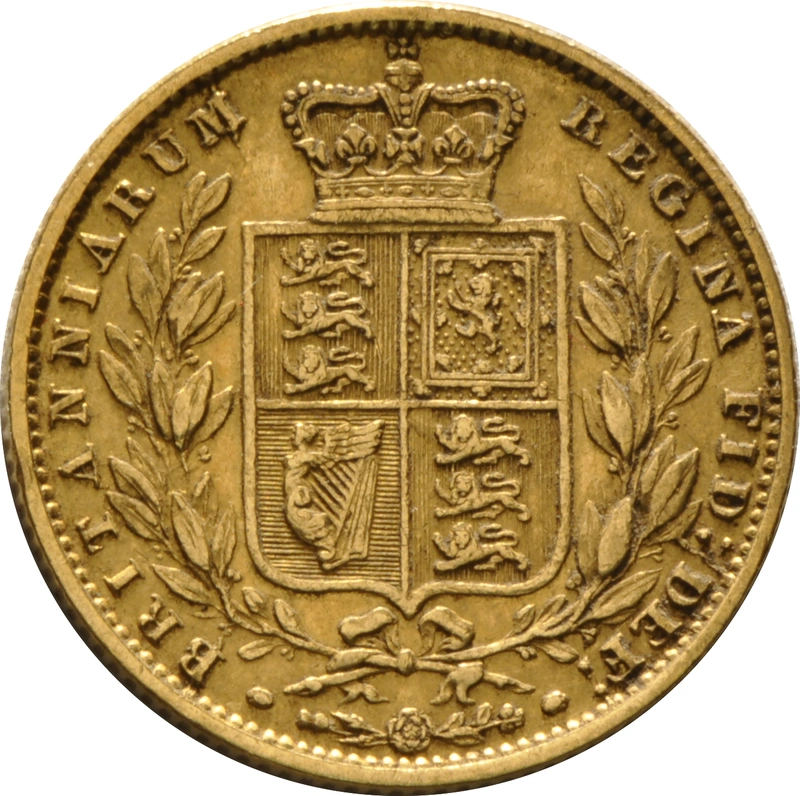 Moneda Soberano de Oro 1858 Victoria Joven con Reverso Escudado (L)