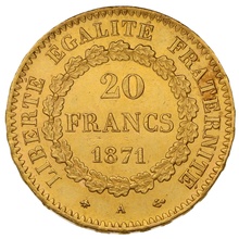 Moneda de 20 Francos Franceses 1871 - Ángel de la guarda - A