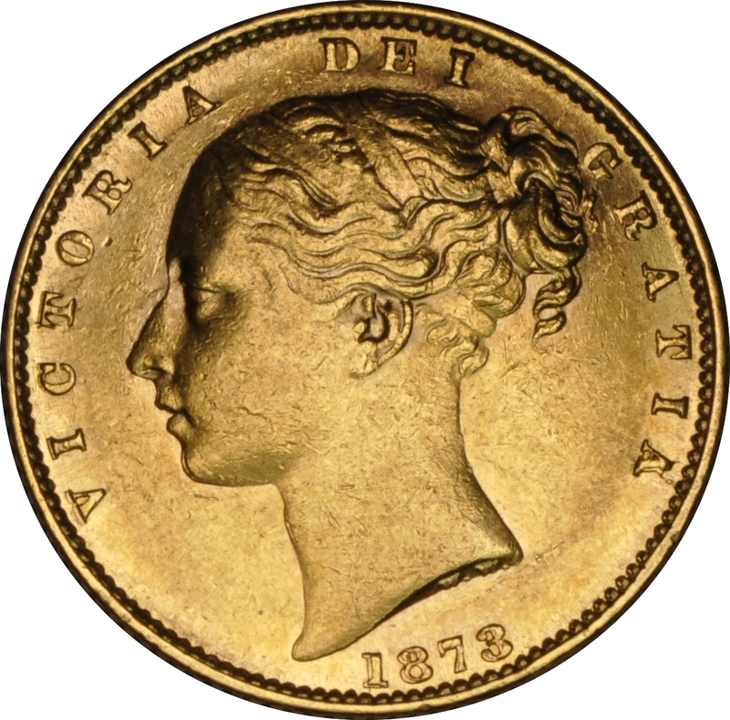 Moneda Soberano de Oro 1873 Victoria Joven con Reverso Escudado (L)