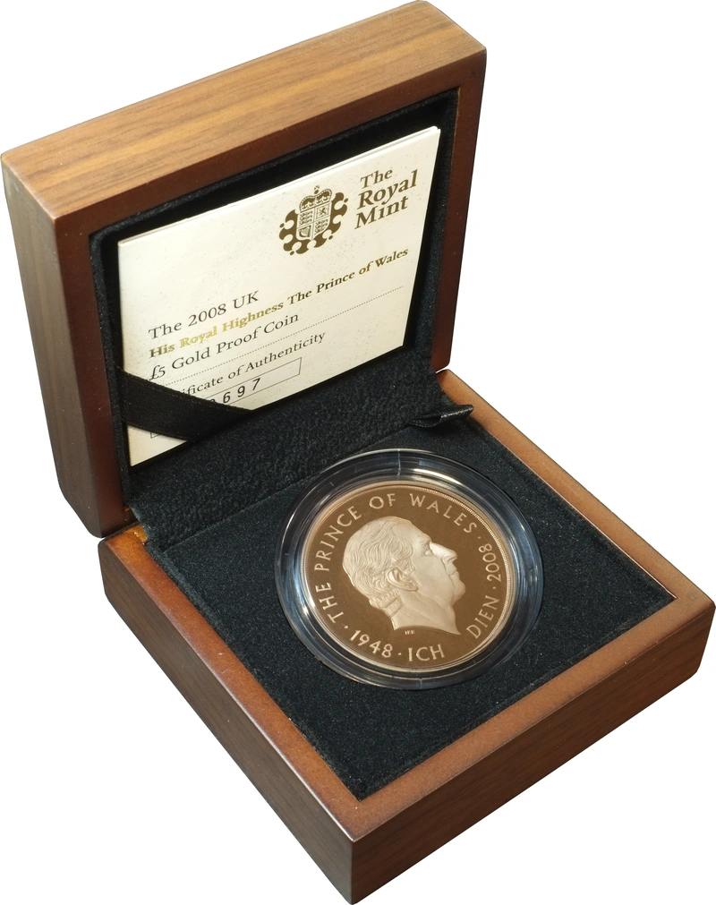 Moneda Soberano Quíntuplo de Oro Proof 2008 Príncipe de Gales en Caja Original